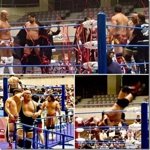 (上)試合前にリング上の選手たちにに紙テープがとびかっている写真、(左下)選手たちが退場している写真、(右下)ポールから飛んでいる選手の写真